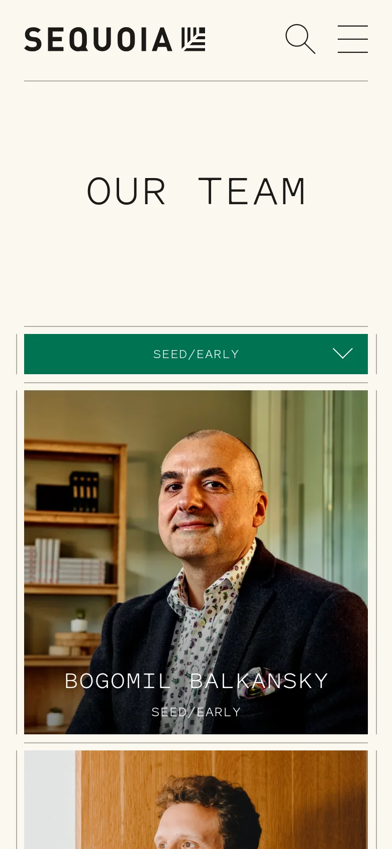 The mobile version displays the 'OUR TEAM' headline centered on a light cream background. The category filter is condensed into a single, full-width dropdown menu labeled 'SEED/EARLY' with a downward arrow. Team member profiles are shown as large, single-column vertical portrait tiles with names and roles overlaid at the bottom.