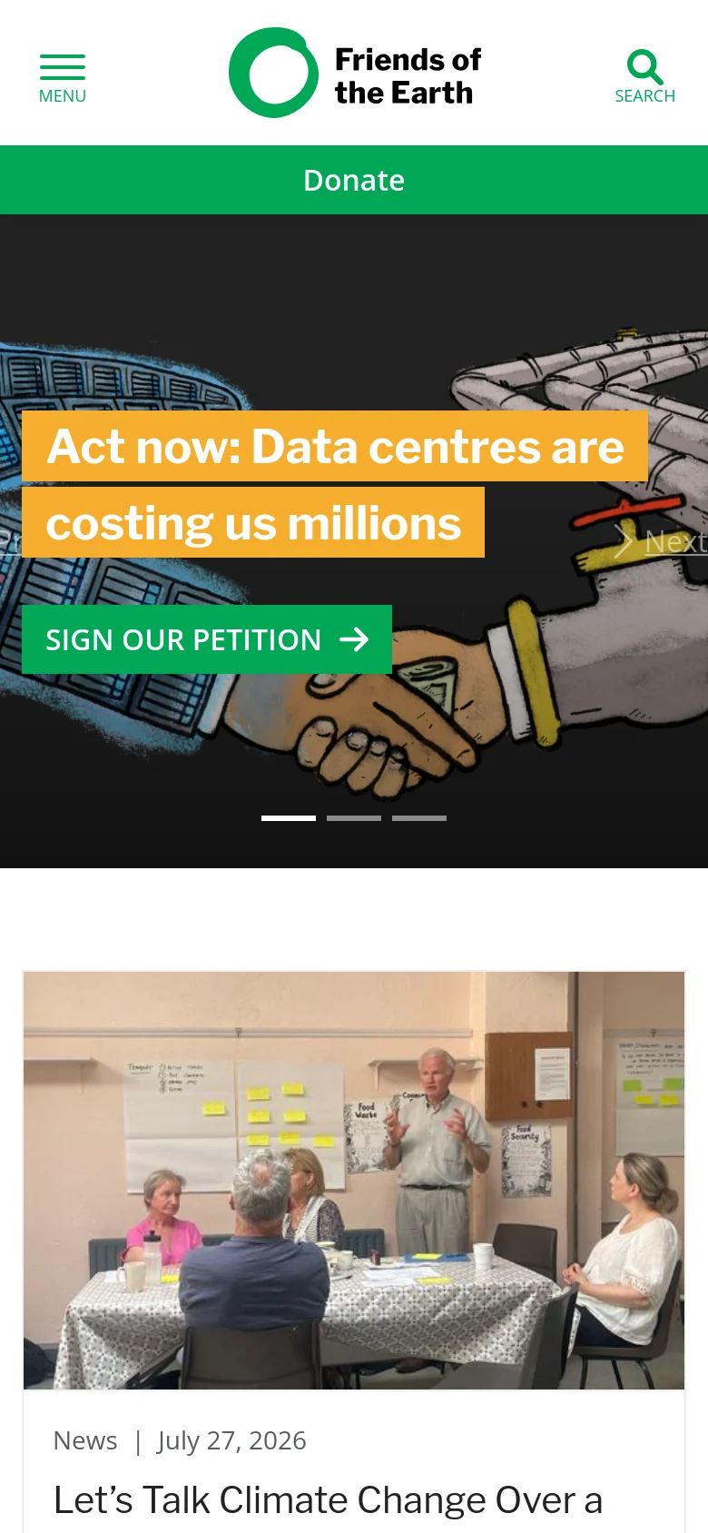 The mobile version features a simplified header with a hamburger menu, the organization logo, and a search icon, with a full-width green 'Donate' bar below it. The hero section uses a vertical layout for the illustrated data center graphic, featuring the orange headline and green petition button centered over the image. The content below transitions into a single-column scrollable feed of news and updates.
