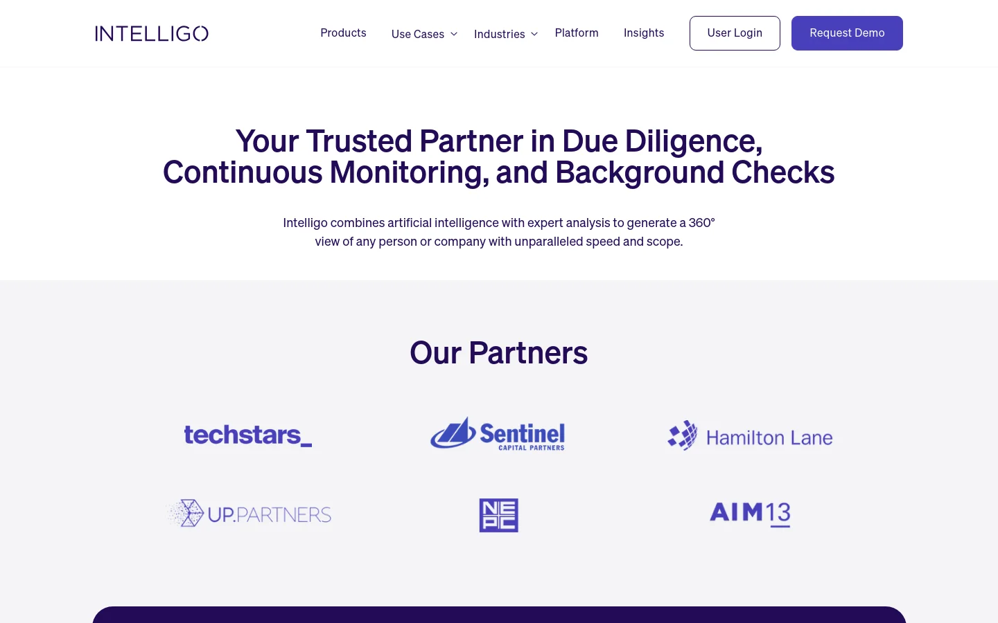 The desktop page features a clean, white and light gray layout with a navigation bar containing links for Products, Use Cases, Industries, Platform, Insights, User Login, and a purple Request Demo button. The hero section displays a large dark purple headline about due diligence and background checks, followed by a subheadline and a section titled 'Our Partners' showcasing several corporate logos in a grid.