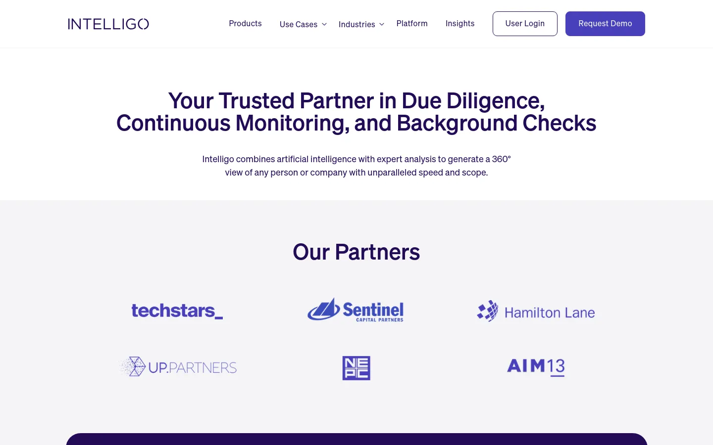 The desktop page features a clean, white and light gray layout with a navigation bar containing links for Products, Use Cases, Industries, Platform, Insights, User Login, and a purple Request Demo button. The hero section displays a large dark purple headline about due diligence and background checks, followed by a subheadline and a section titled 'Our Partners' showcasing several corporate logos in a grid.