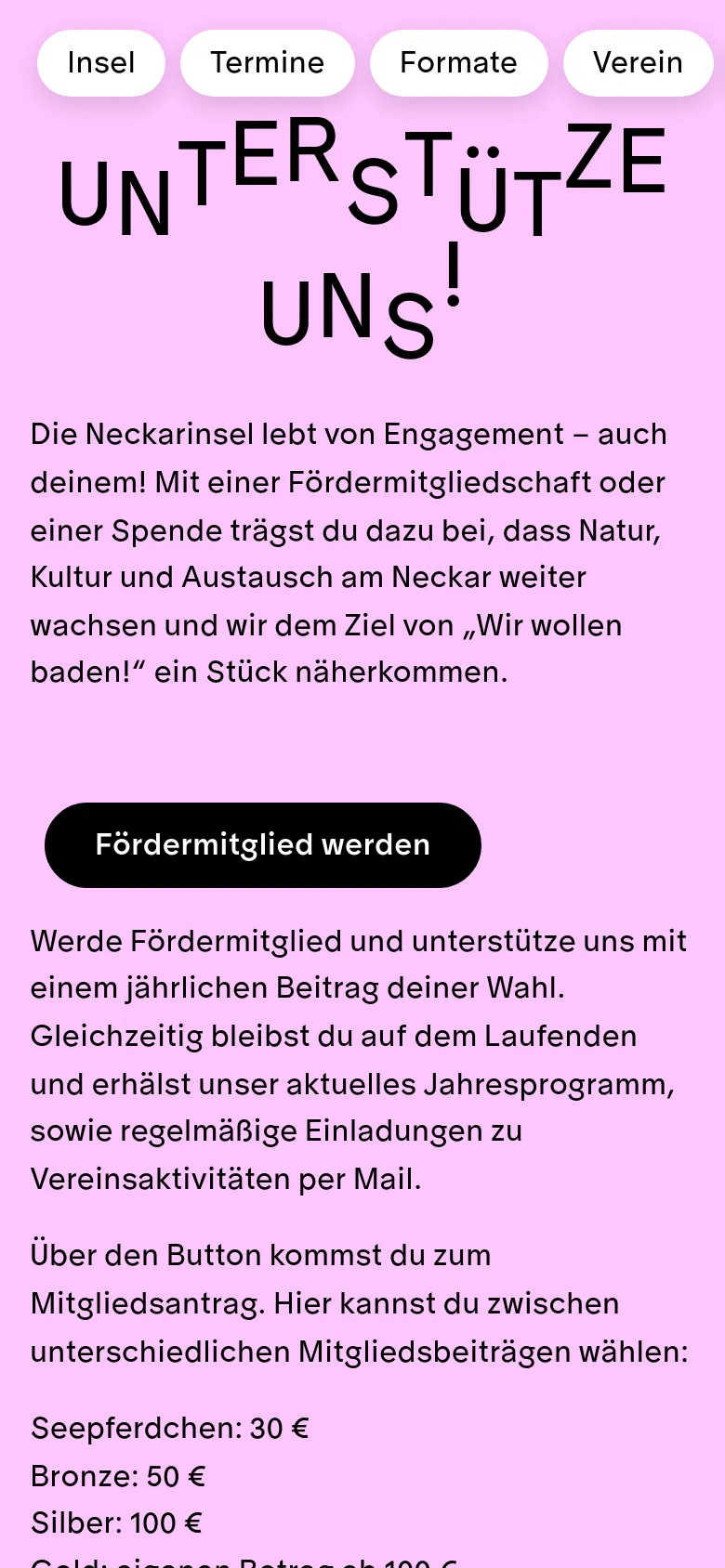 The mobile version displays a single-column layout on a pink background, with the large 'UNTERSTÜTZE UNS!' headline at the top. The three call-to-action buttons are stacked vertically instead of horizontally, followed by descriptive text and membership pricing tiers like Seepferdchen, Bronze, and Silber.