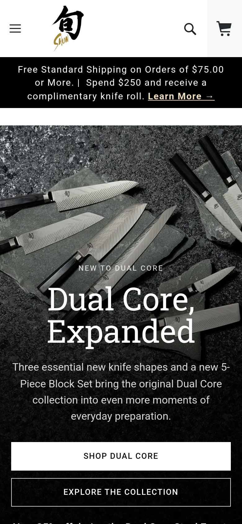 The mobile version presents a vertically stacked layout optimized for small screens, starting with a hamburger menu and the Shun logo. The hero section features the same 'Dual Core, Expanded' headline and stone-textured knife imagery, but the call-to-action buttons are full-width for easier tapping. The top banner highlights free shipping and a special offer on knife rolls.