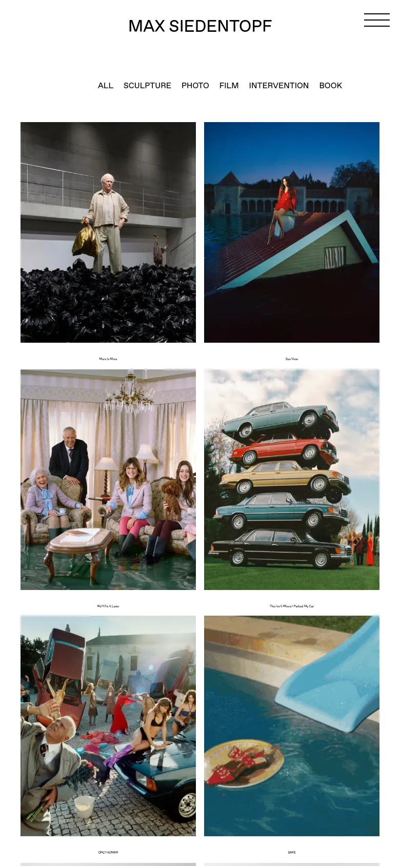 The mobile version simplifies the layout, showing the artist's name in a large centered header with a hamburger menu icon on the right. The category navigation is listed horizontally, followed by a single-column or two-column grid of large project images that fill more of the screen width compared to the desktop version.