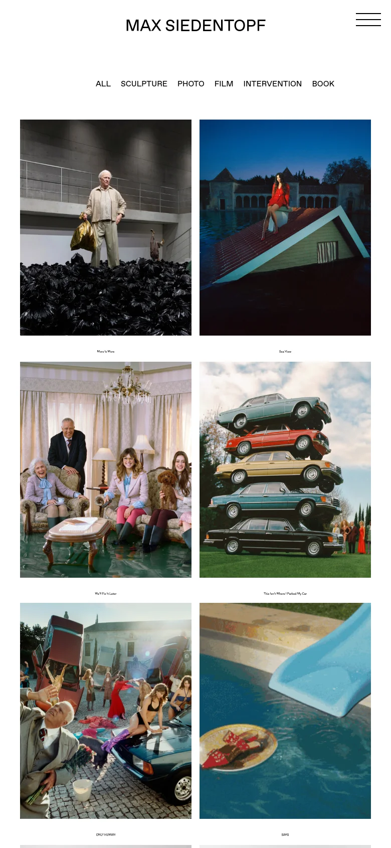 The mobile version simplifies the layout, showing the artist's name in a large centered header with a hamburger menu icon on the right. The category navigation is listed horizontally, followed by a single-column or two-column grid of large project images that fill more of the screen width compared to the desktop version.