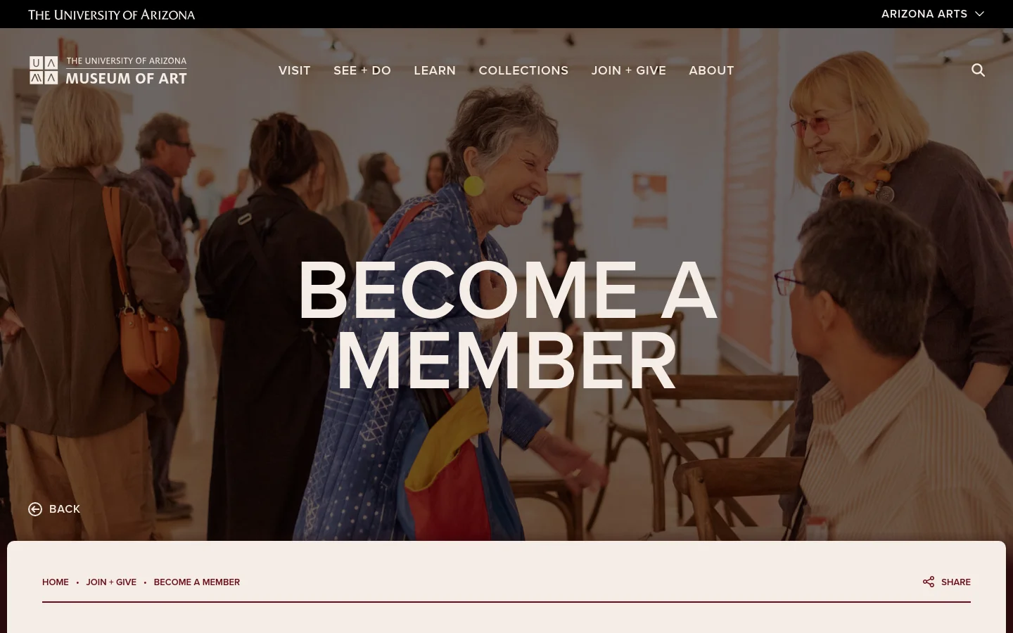 University of Arizona Museum of Art membership page featuring a full-bleed hero image of people smiling in a gallery. Large white serif typography reads Become a Member over a warm, slightly darkened photograph, with a clean navigation bar and a minimalist cream-colored content section below.