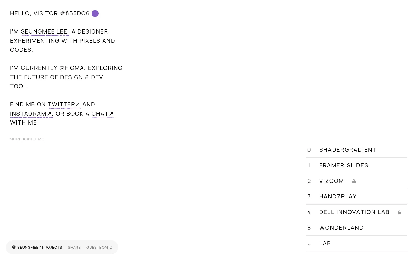 The desktop homepage features a minimalist white background with black typography. A large hero section introduces Seungmee Lee, an interaction designer at Figma, with links to Twitter, Instagram, and a booking chat. Below the introduction, a numbered list of projects including Shadergradient and Framer Slides is displayed in a clean, vertical layout.