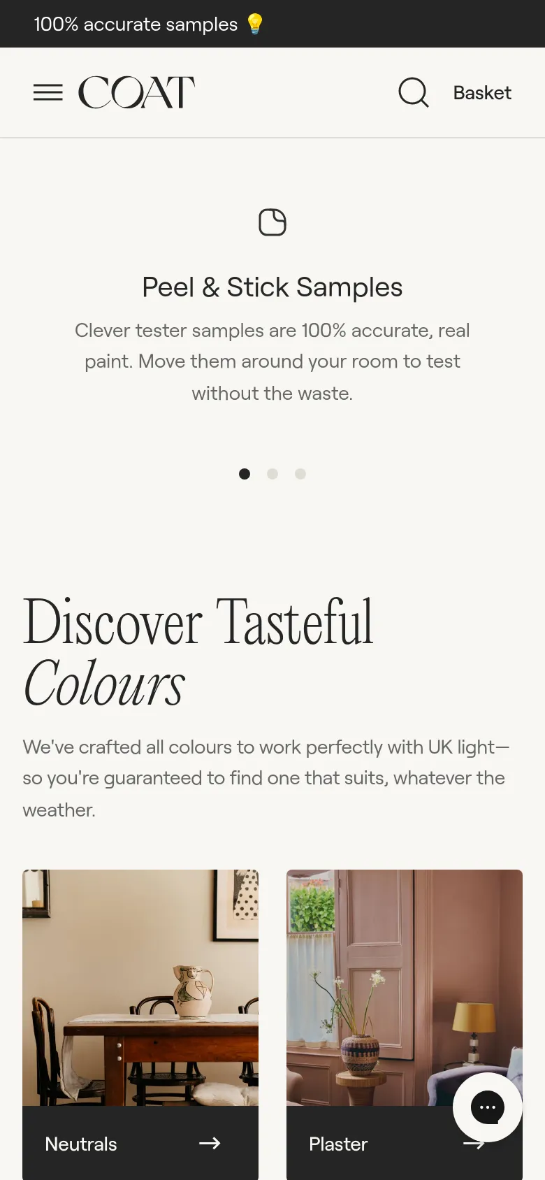 The mobile version uses a simplified vertical layout with a hamburger menu and a search icon in the header. The hero section is condensed, and the three feature highlights are stacked vertically into a single-column carousel with pagination dots. The 'Discover Tasteful Colours' section displays color categories as large, vertically oriented image cards.