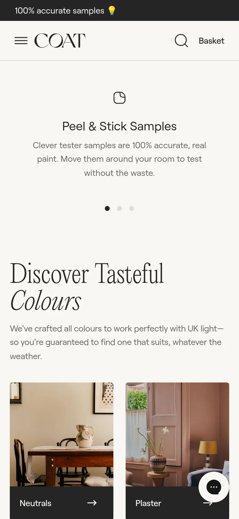 The mobile version uses a simplified vertical layout with a hamburger menu and a search icon in the header. The hero section is condensed, and the three feature highlights are stacked vertically into a single-column carousel with pagination dots. The 'Discover Tasteful Colours' section displays color categories as large, vertically oriented image cards.