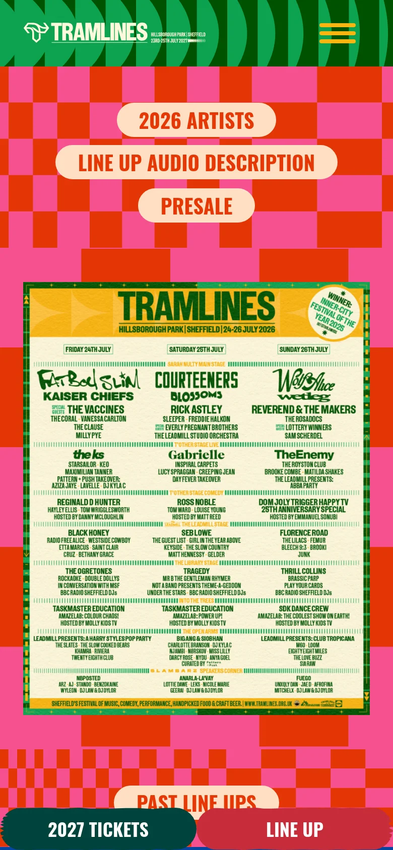 The mobile version uses a simplified layout with a green header containing a hamburger menu icon. The red and pink checkered pattern and the three primary action buttons are stacked vertically above the large, colorful festival lineup poster. A sticky footer at the bottom provides quick access to '2027 Tickets' and 'Line Up'.