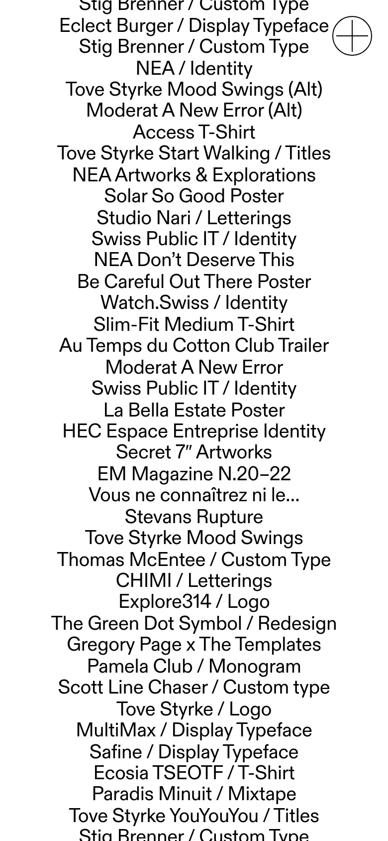 The mobile version maintains the minimalist black-on-white aesthetic but optimizes the layout for a narrow screen. The navigation links are condensed, and the long list of project titles is presented in a single, centered column for easy vertical scrolling.