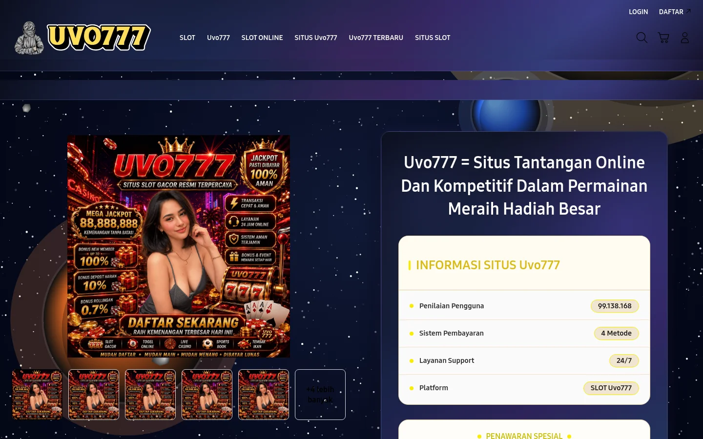 The desktop website features a dark space-themed background with a large promotional banner on the left showing a woman and jackpot graphics. To the right, a dark blue card contains the headline 'Uvo777 = Situs Tantangan Online Dan Kompetitif Dalam Permainan Meraih Hadiah Besar' and a white information box listing user ratings, payment methods, and support details. The top navigation bar includes the UVO777 logo, menu links, and icons for search, cart, and profile.