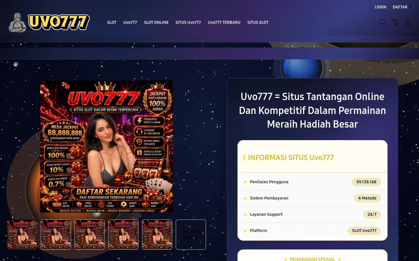 The desktop website features a dark space-themed background with a large promotional banner on the left showing a woman and jackpot graphics. To the right, a dark blue card contains the headline 'Uvo777 = Situs Tantangan Online Dan Kompetitif Dalam Permainan Meraih Hadiah Besar' and a white information box listing user ratings, payment methods, and support details. The top navigation bar includes the UVO777 logo, menu links, and icons for search, cart, and profile.