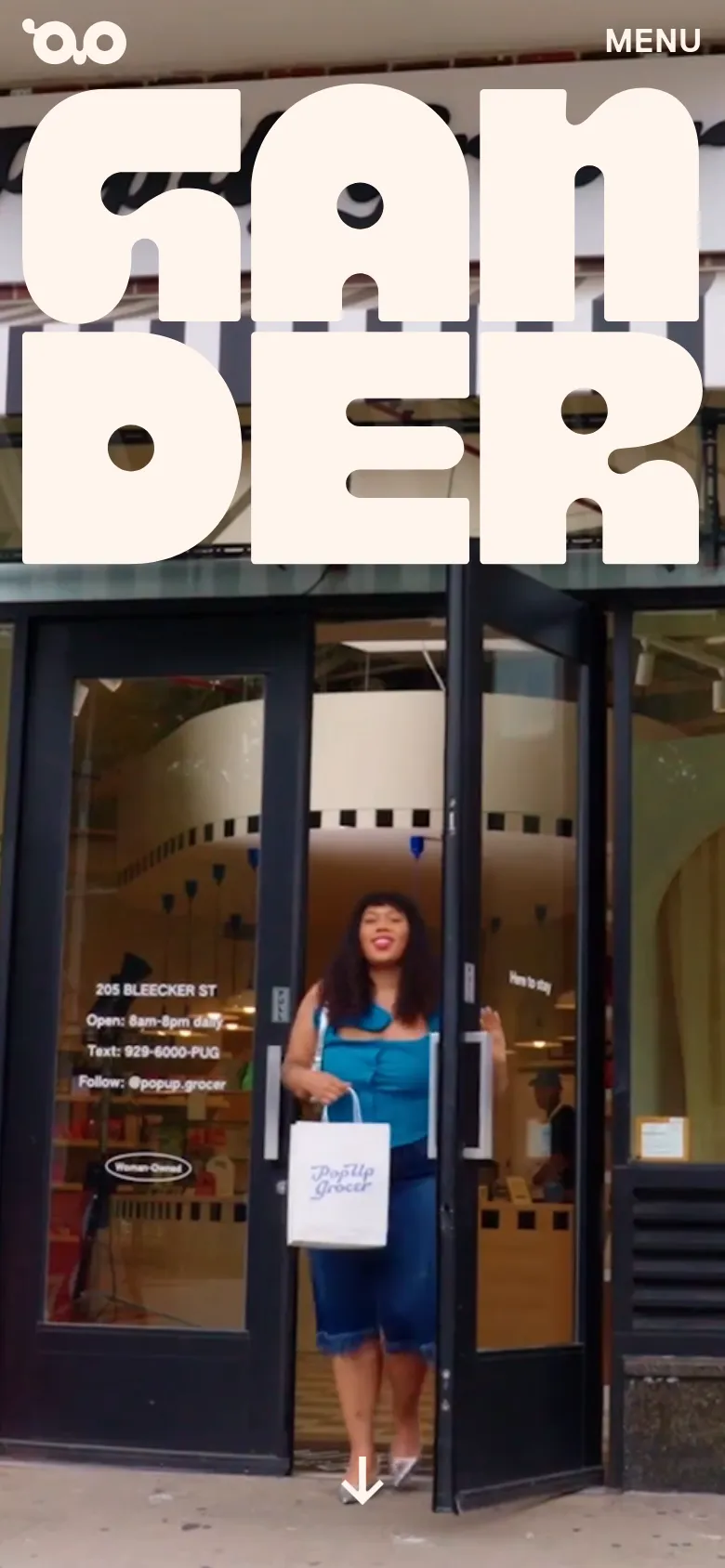 The mobile version displays a vertically stacked, oversized 'GANDER' logo that dominates the top half of the screen. The background shows a person standing in a doorway, and the navigation is simplified to a 'MENU' button in the top right corner.