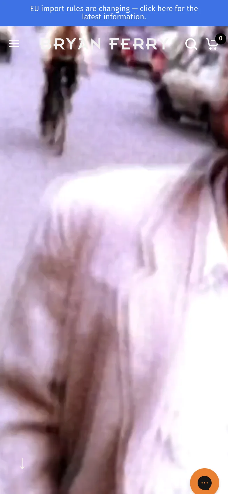 The mobile version presents a simplified layout with a hamburger menu and the Bryan Ferry logo centered at the top over a full-screen video background. The hero video is vertically oriented, and the 'What's New' section appears below, maintaining the orange branding but with a more condensed, single-column view of products.