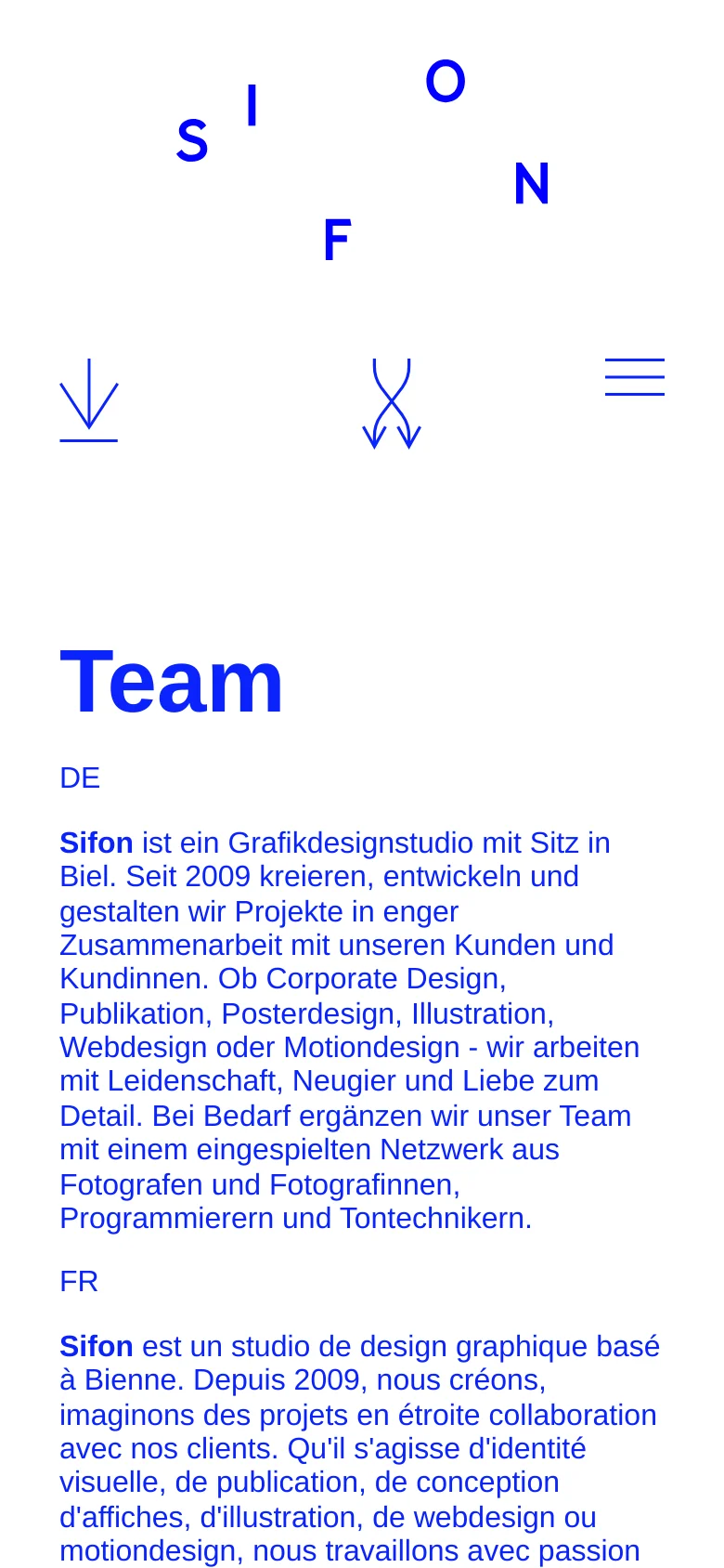 The mobile version maintains the minimalist white and blue theme but rearranges the layout for a vertical screen. The logo and navigation menu are stacked at the top, followed by the 'Team' headline and text blocks which span the full width of the mobile viewport.