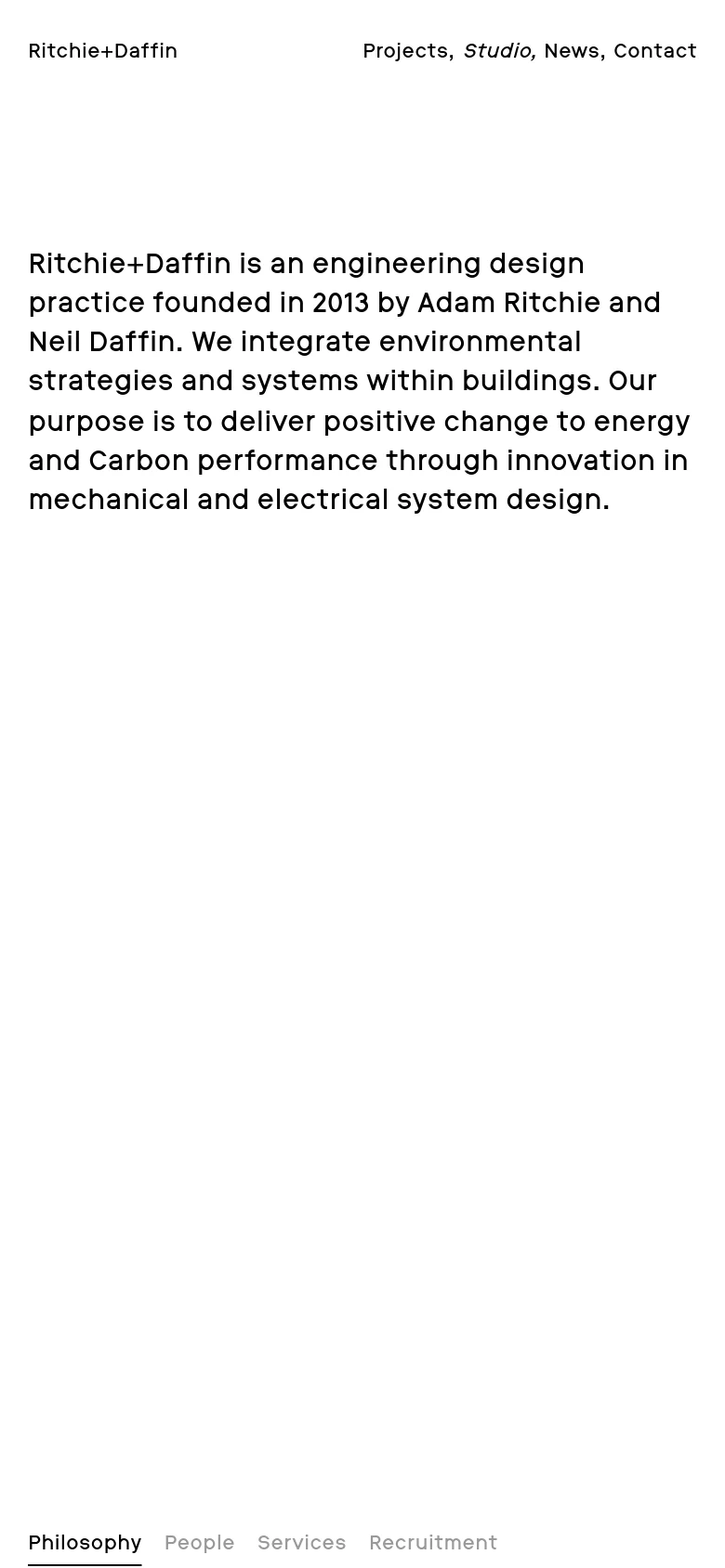 The mobile version presents a single-column vertical layout optimized for small screens. The introductory text spans the full width of the screen, followed by a navigation menu at the bottom containing links for Philosophy, People, Services, and Recruitment.