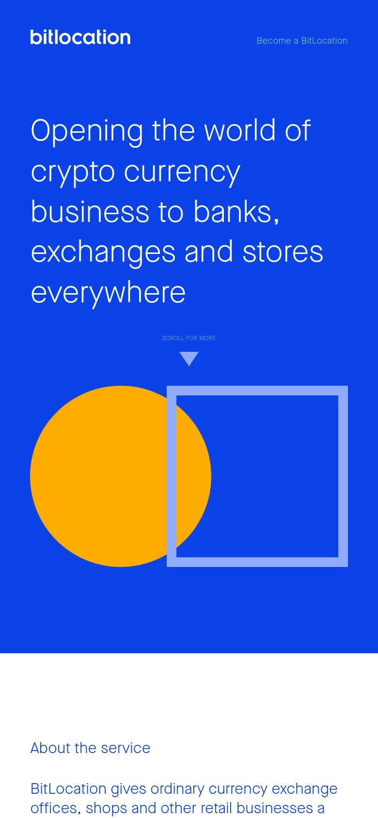 The mobile version maintains the bright blue theme and large white headline but uses a stacked layout. The navigation is simplified, showing only the 'Become a BitLocation' link at the top right, while the hero graphic with the yellow circle and blue square is centered below the text. The content transitions into a single-column view for easier scrolling on smaller screens.