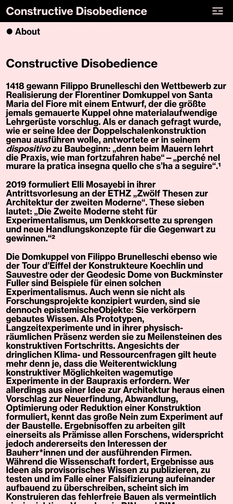 The mobile version uses a single-column layout with a white background. The header is condensed, showing the site title on the left and a hamburger menu icon on the right. The content follows a vertical stack, beginning with a black dot and the word 'About', followed by the main heading and the body text in a single continuous column.