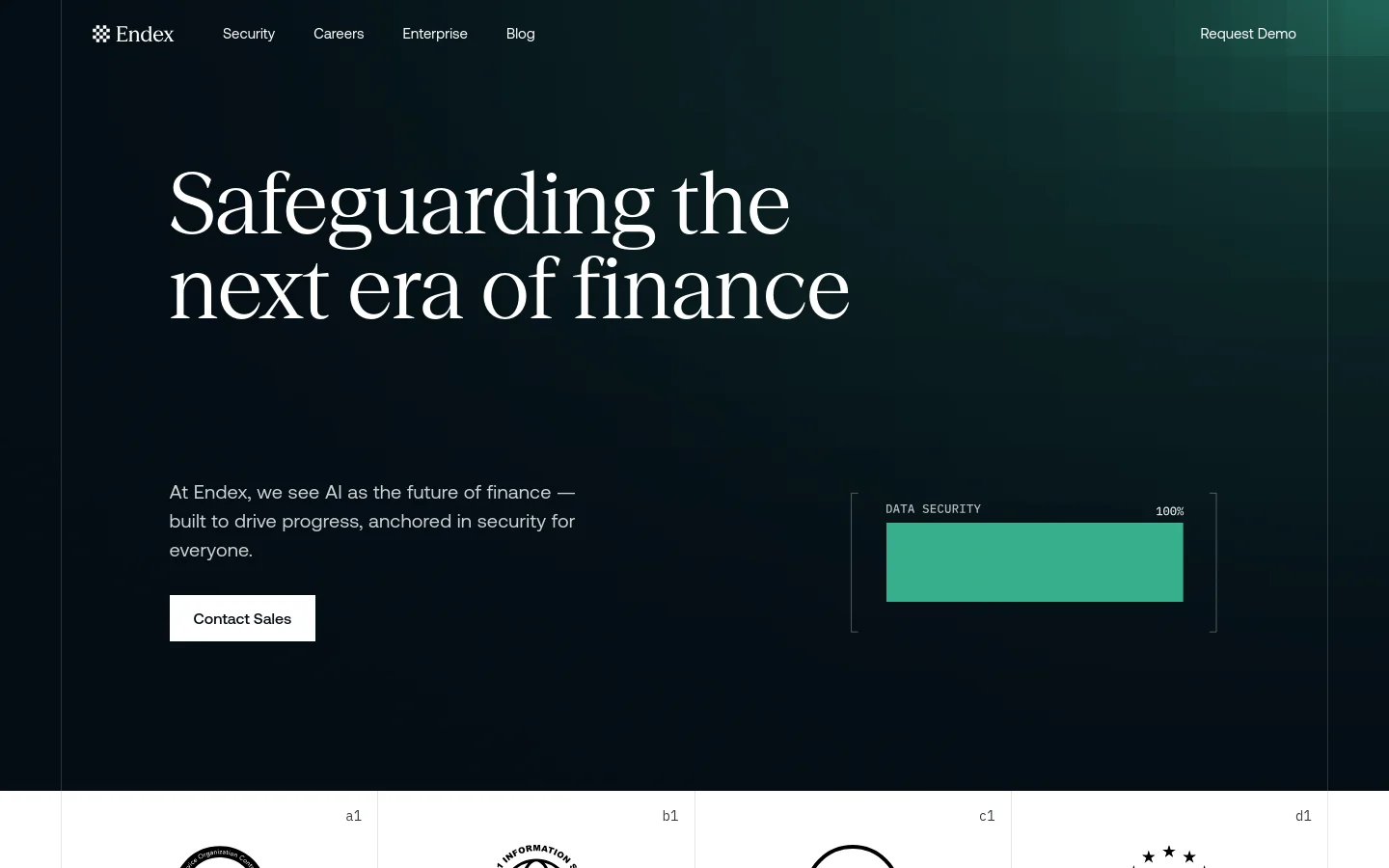The desktop page features a dark green background with a large hero headline, 'Safeguarding the next era of finance,' and a 'Contact Sales' button. Below the hero section, a grid displays compliance logos for SOC 2, ISO 27001, CCPA, and GDPR, accompanied by a teal data security graphic.