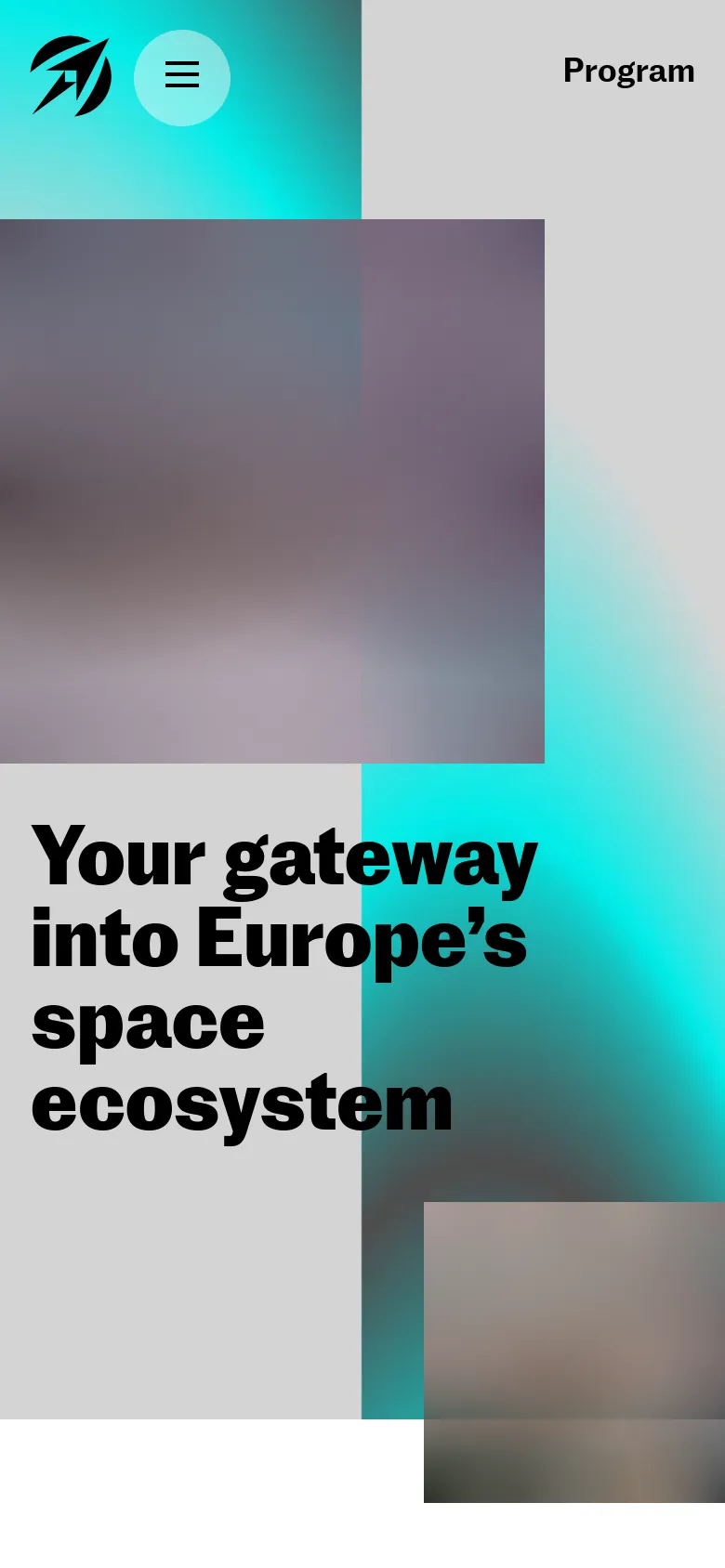 The mobile version presents a vertically stacked layout with a simplified header containing the Space Founders logo and a hamburger menu icon. The hero section features the headline 'Your gateway into Europe’s space ecosystem' in large, bold black text overlaid on a teal and grey gradient background, with imagery appearing below the text.