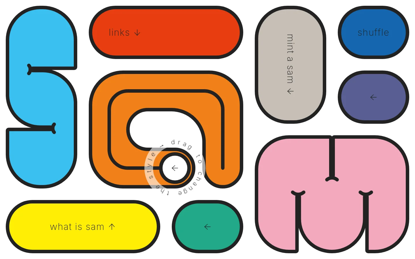 A highly stylized, experimental portfolio homepage featuring large, colorful, rounded geometric shapes with thick black outlines. The layout uses abstract forms in blue, orange, red, pink, and yellow to house text like 'what is sam' and 'mint a sam', alongside a central interactive 'drag to change the style' element. Navigation links and social media icons are integrated into the playful, graphic design.