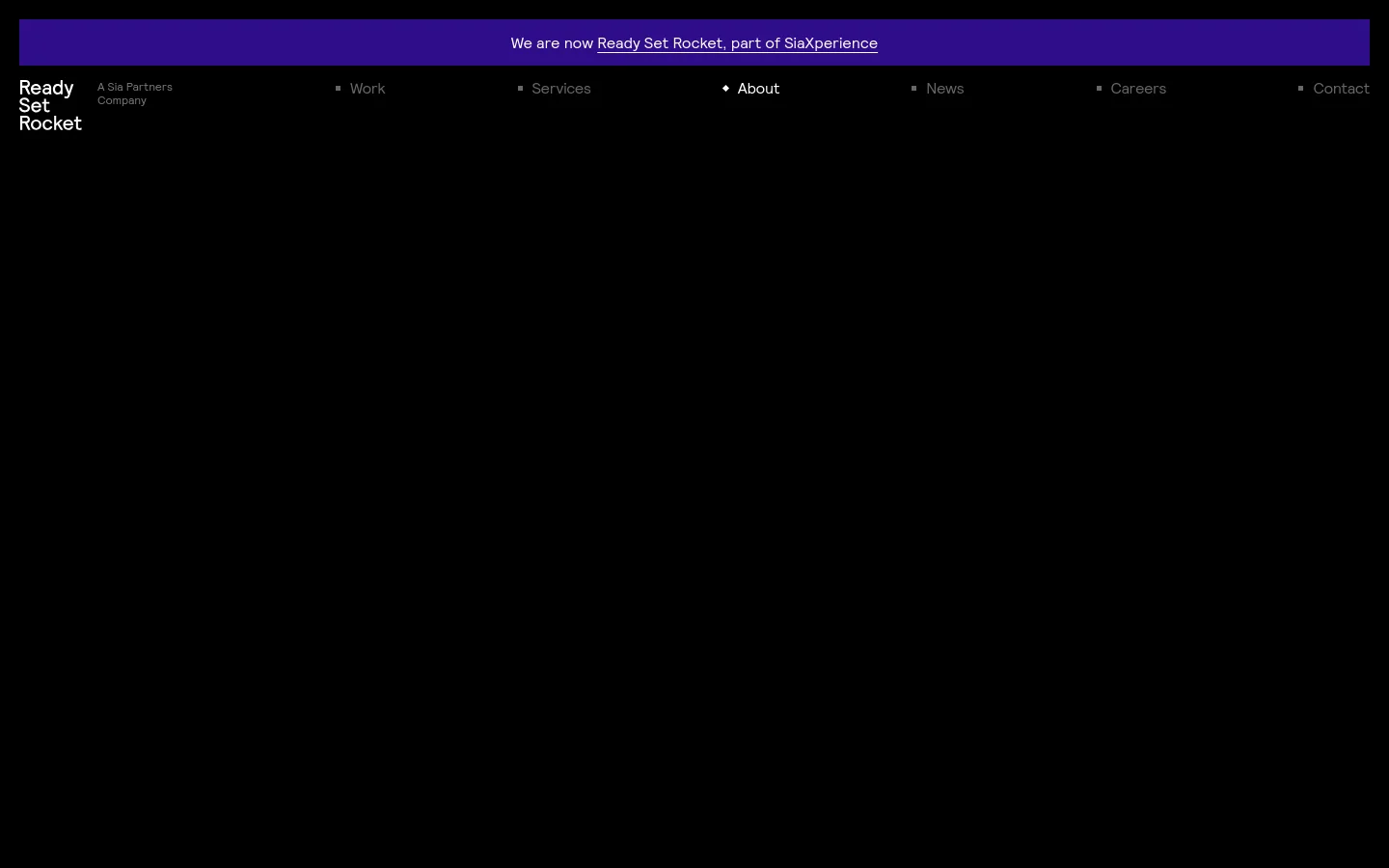 The desktop About page features a dark theme with a hero section containing two large lifestyle images and the headline 'A Nimble, Integrated Agency.' Below, text sections describe the agency's mission and culture, interspersed with award graphics and a large horizontal image carousel of team and office photos. A black footer contains the company logo and navigation links.