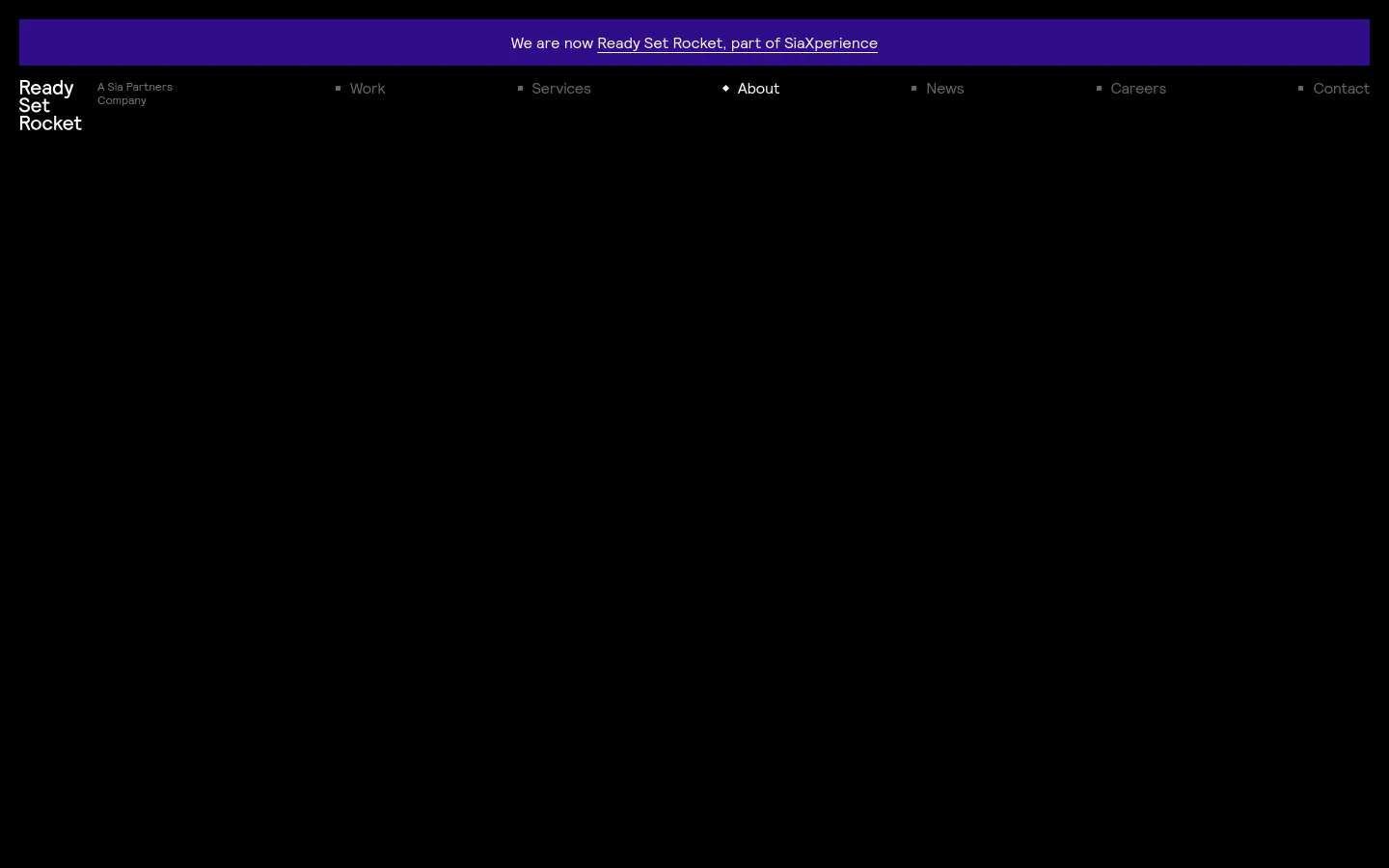 The desktop About page features a dark theme with a hero section containing two large lifestyle images and the headline 'A Nimble, Integrated Agency.' Below, text sections describe the agency's mission and culture, interspersed with award graphics and a large horizontal image carousel of team and office photos. A black footer contains the company logo and navigation links.