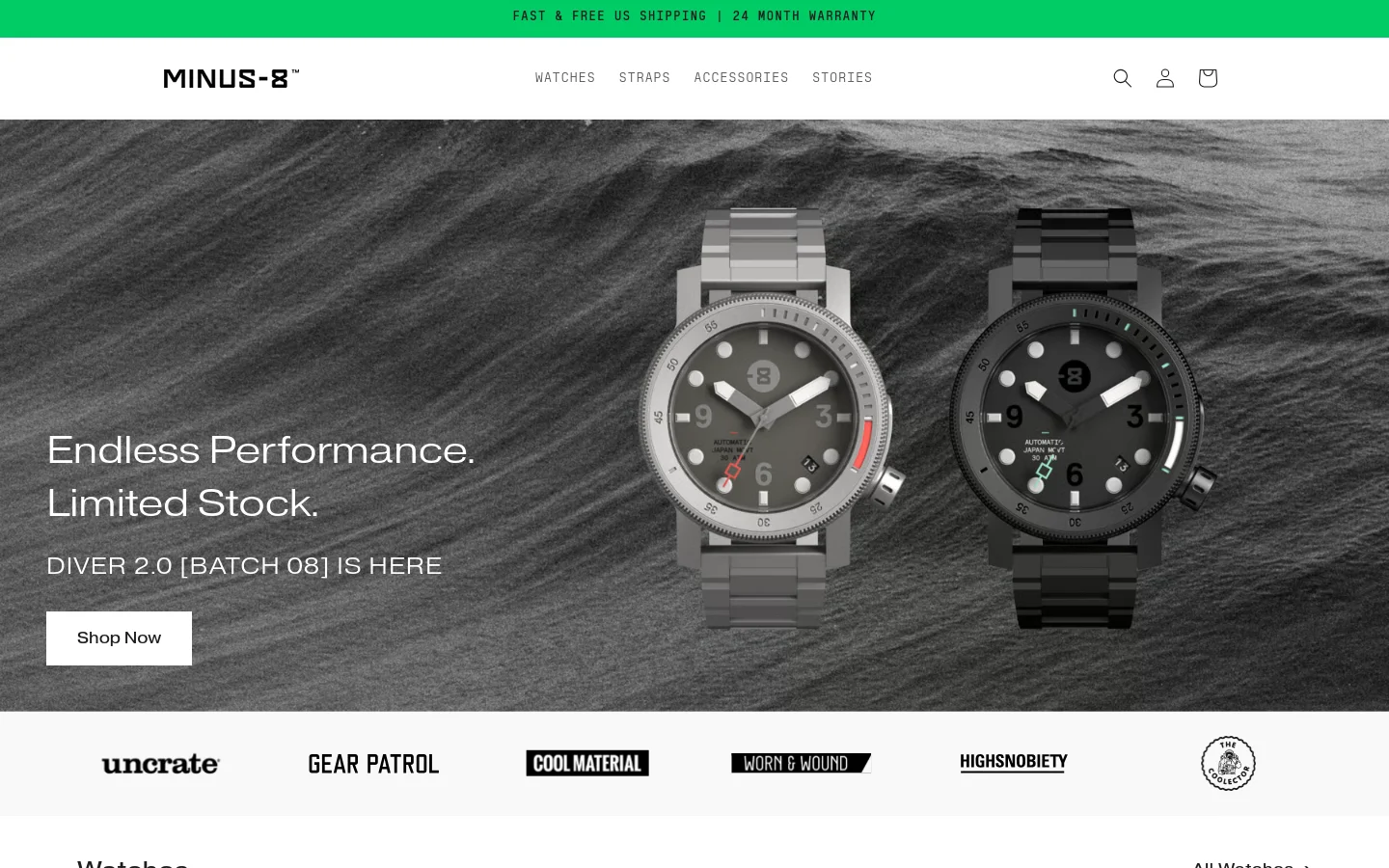 The desktop homepage features a dark, cinematic hero section with a large image of two dive watches against a textured grey water background. Headlines read 'Endless Performance. Limited Stock.' above a 'Shop Now' button. Below the hero, a white bar displays several black media logos including Uncrate and Gear Patrol.