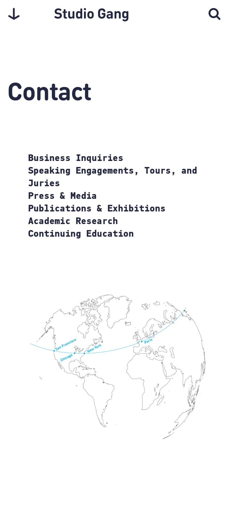 The mobile version presents a simplified vertical layout with the 'Contact' headline at the top. The contact categories are listed in a single column of bold text, followed by the minimalist line-art world map below. The header is condensed, featuring a hamburger menu icon on the left and a search icon on the right.