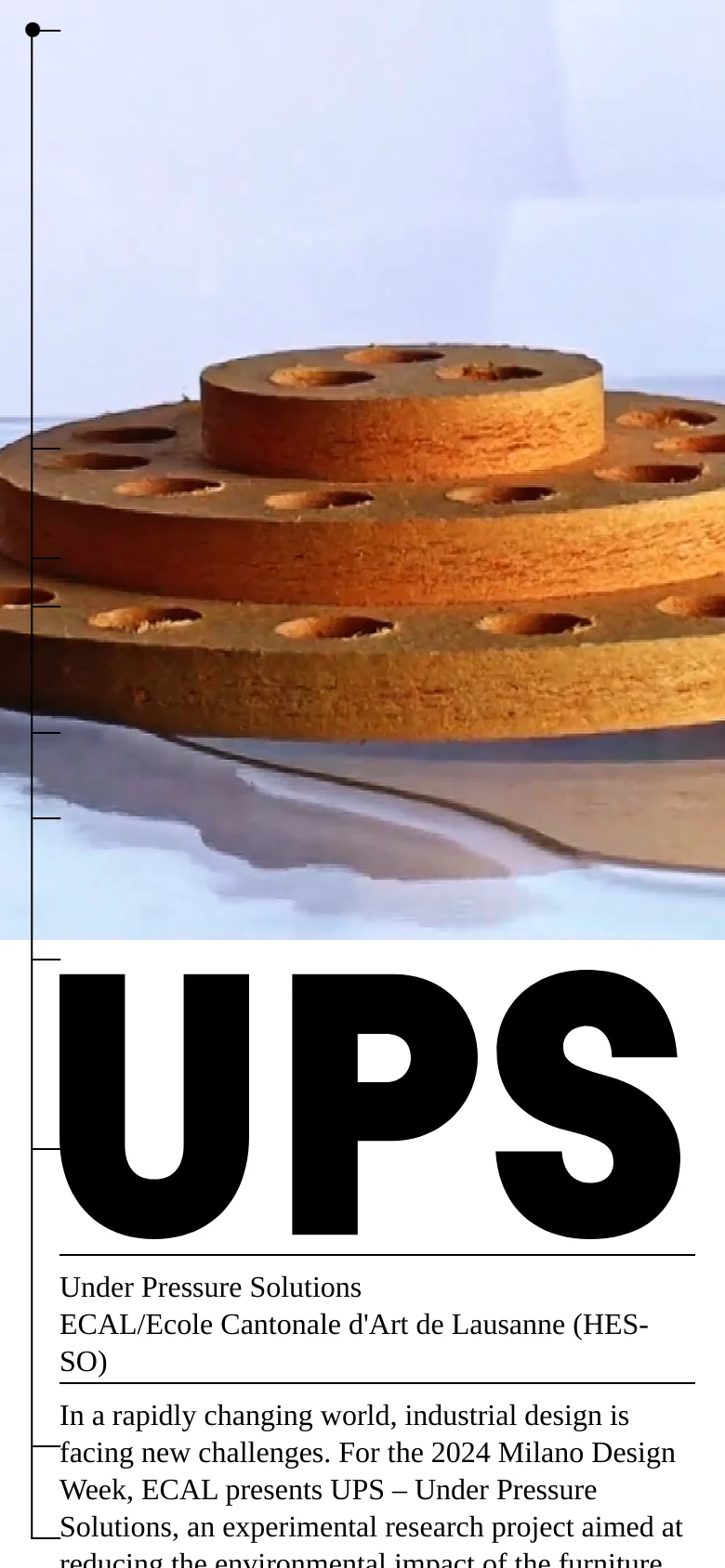 The mobile version presents a vertically stacked layout, starting with the large 'UPS' branding and video hero element. The text content and exhibition details follow in a single column, with the image gallery appearing as a continuous vertical scroll of product photos.