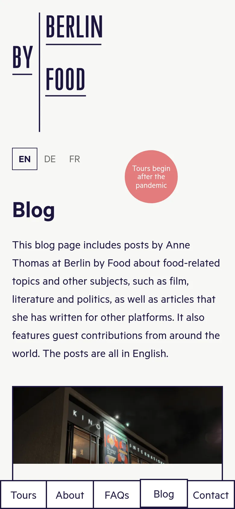 The mobile version presents a single-column layout with the 'Berlin by Food' logo at the top and a large 'Blog' heading. The blog posts are stacked vertically, showing the title, date, and text excerpt followed by a large featured image. A fixed navigation bar at the bottom allows for easy access to site sections.