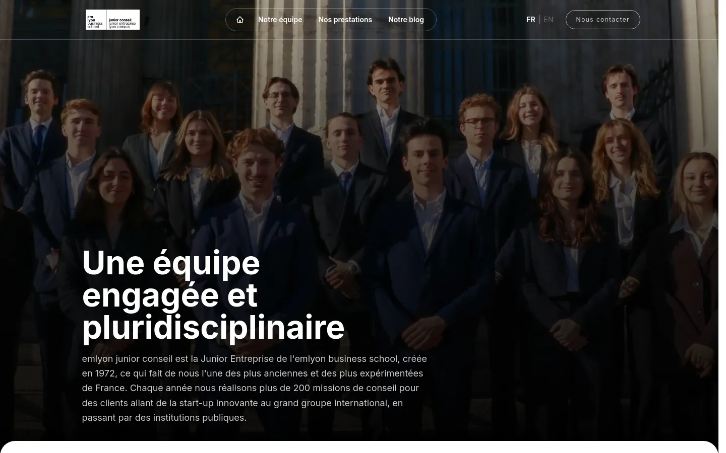 The desktop page features a large hero image of a professional group of students in suits against a building background. Below, the headline 'Une équipe engagée et pluridisciplinaire' is followed by an introductory text and organized sections for team departments like 'Le bureau' and 'Développement commercial', displaying member photos, names, and roles in a grid layout.
