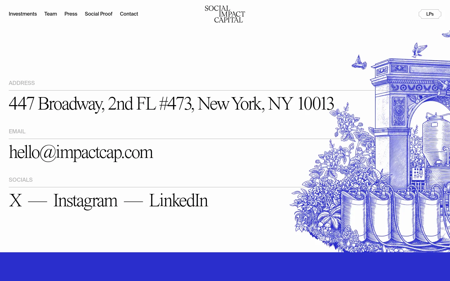 The desktop contact page features a minimalist white layout with black serif text displaying the company address, email, and social media links. A large, intricate blue line-art illustration of an archway, plants, and birds decorates the right side of the screen, partially overlapping the text.