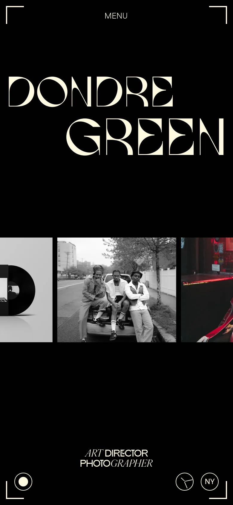The mobile version maintains the black background and large cream-colored 'DONDRE GREEN' branding, but the layout shifts to a vertical orientation. The portfolio images are stacked or partially visible in a single-column scroll, and the navigation menu is simplified with a prominent 'MENU' button at the top.
