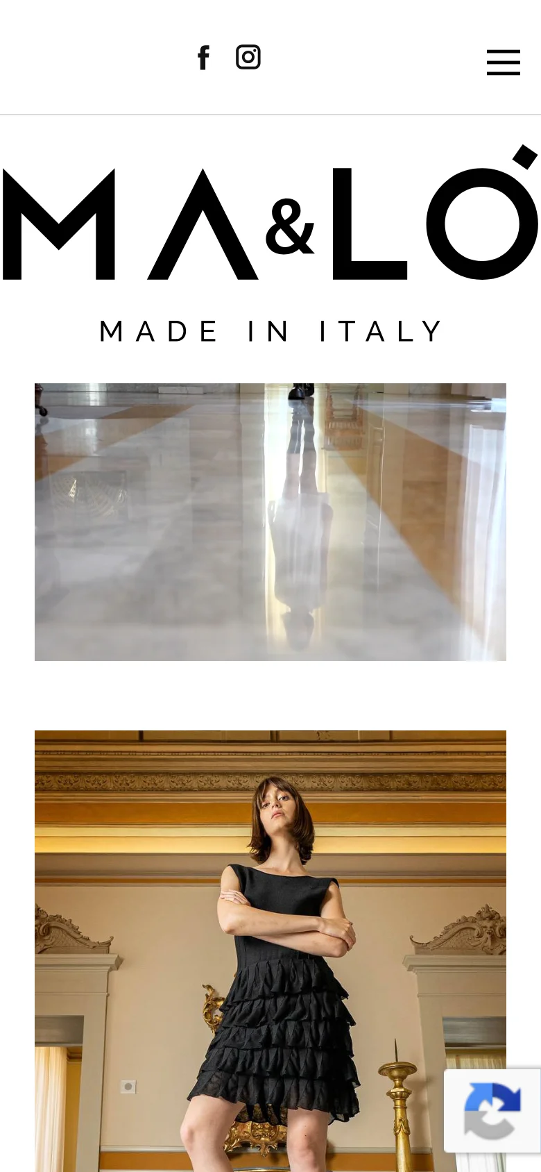 The mobile version presents a vertically stacked layout with a large, prominent black 'MA&LO' logo at the top. Below the logo, a full-width hero image shows black lace-up boots on a reflective floor, followed by a portrait of a woman in a black dress. The navigation is condensed into a hamburger menu, and social media icons are positioned centrally above the main content.