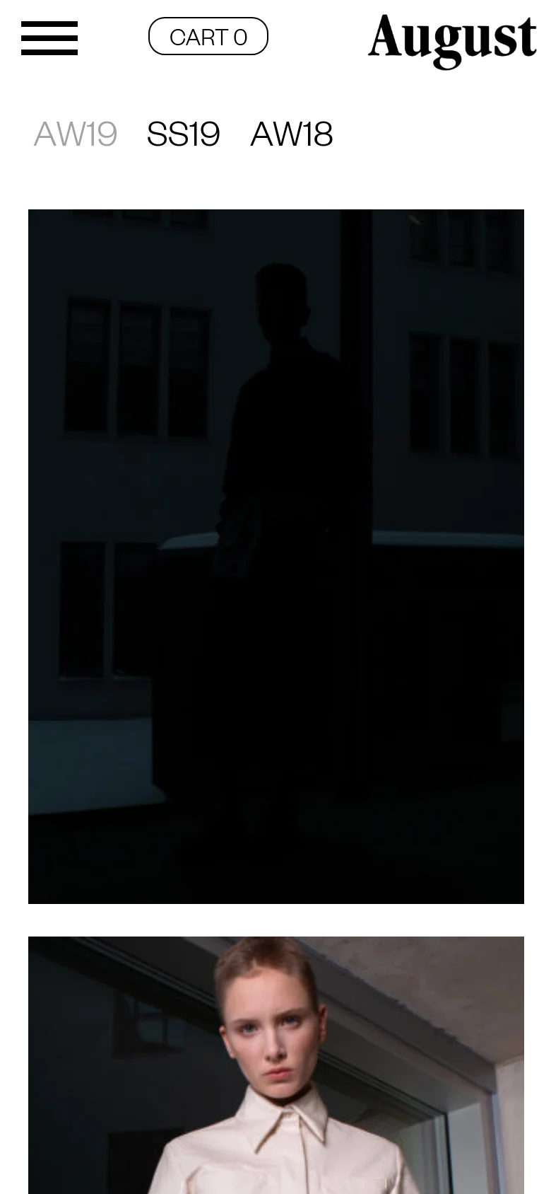 The mobile version presents a simplified interface with a hamburger menu icon and a 'CART 0' button at the top, alongside the brand logo. The collection links are displayed in a large, clear horizontal row above a single-column vertical scroll of large fashion imagery.