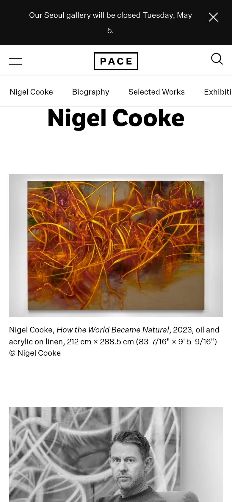 The mobile version maintains the white minimalist aesthetic but uses a condensed layout with a hamburger menu on the left and a search icon on the right. The large abstract painting is centered below the artist's name, and the text content flows vertically, prioritizing the visual impact of the artwork and the artist's portrait.