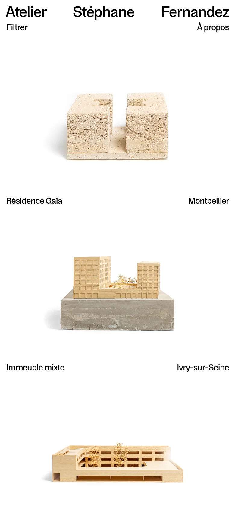 The mobile version maintains the minimalist white aesthetic but uses a single-column vertical layout. The project scale models are centered, with the project titles and locations stacked directly below or above the images to fit the narrower screen width.