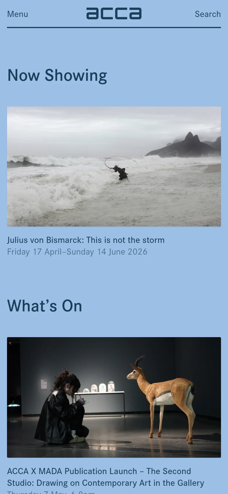The mobile version uses a light blue background with a simplified top navigation bar containing a menu icon, the ACCA logo, and a search icon. The layout shifts to a single-column vertical scroll, starting with the 'Now Showing' headline and the large ocean hero image, followed by event listings that stack vertically.