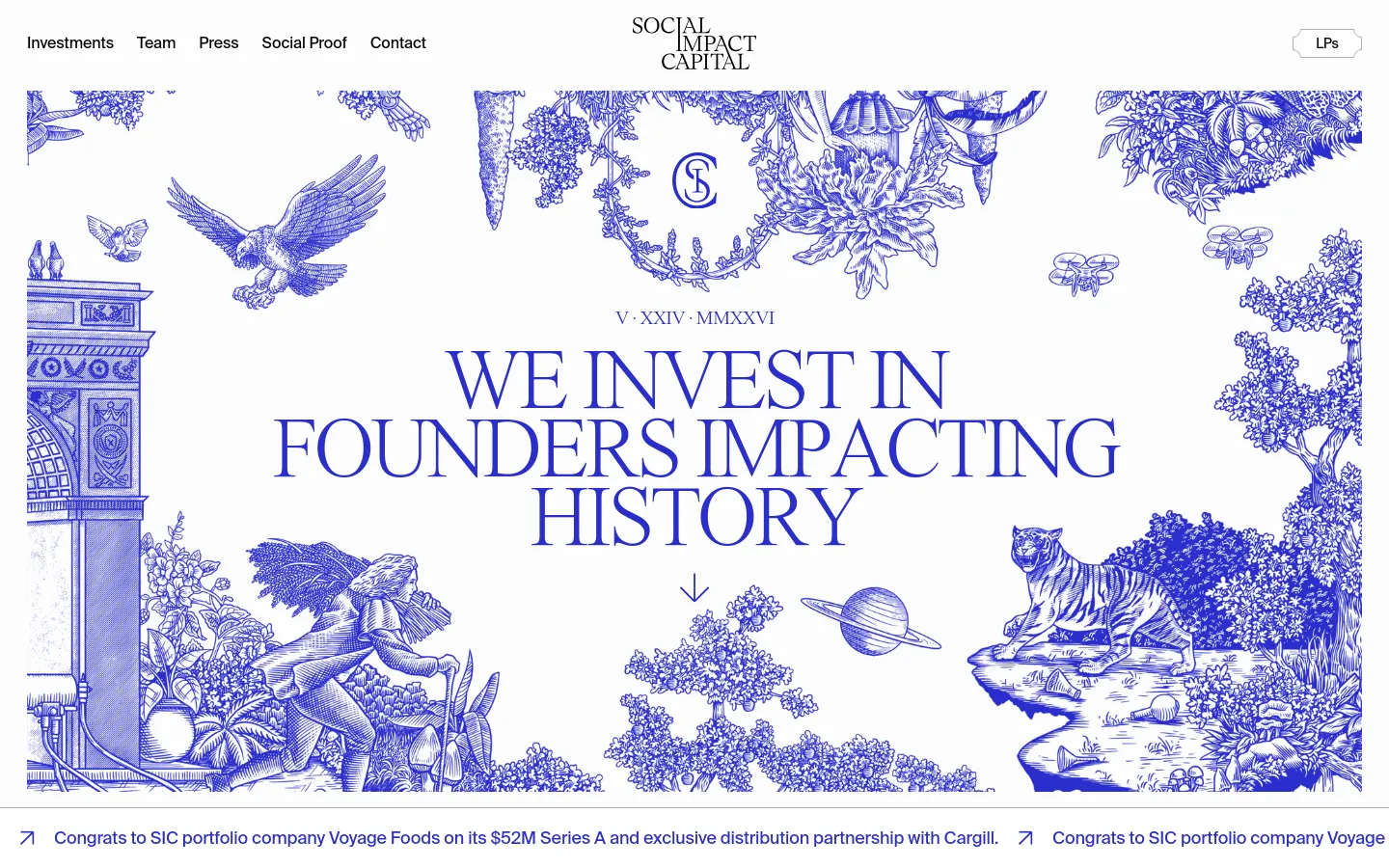 The desktop homepage features a white background with intricate blue toile-style illustrations of nature, animals, and classical elements. A large serif headline reads 'WE INVEST IN FOUNDERS IMPACTING HISTORY' centered below a Roman numeral date, with a navigation menu at the top and a scrolling ticker at the bottom.