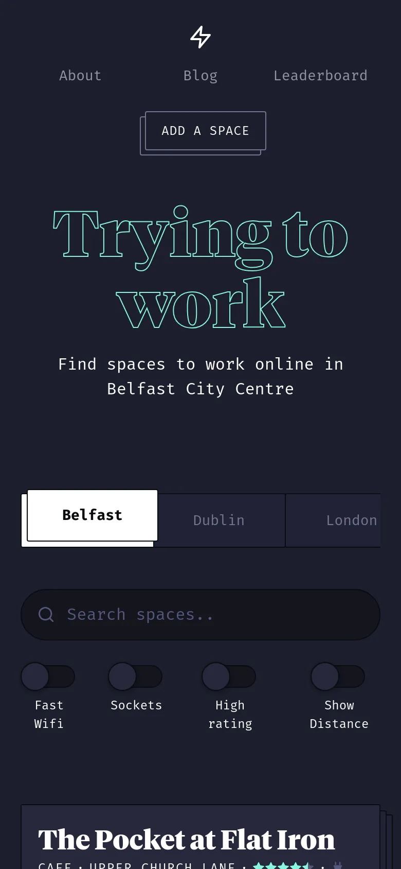 The mobile version uses a vertical layout with the 'Trying to work' title and city selector stacked at the top. The search bar and filter toggles are centered, and the workspace cards are arranged in a single-column list for easier scrolling on smaller screens.