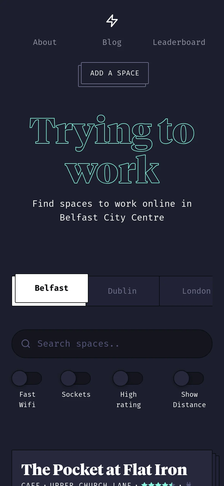 The mobile version uses a vertical layout with the 'Trying to work' title and city selector stacked at the top. The search bar and filter toggles are centered, and the workspace cards are arranged in a single-column list for easier scrolling on smaller screens.