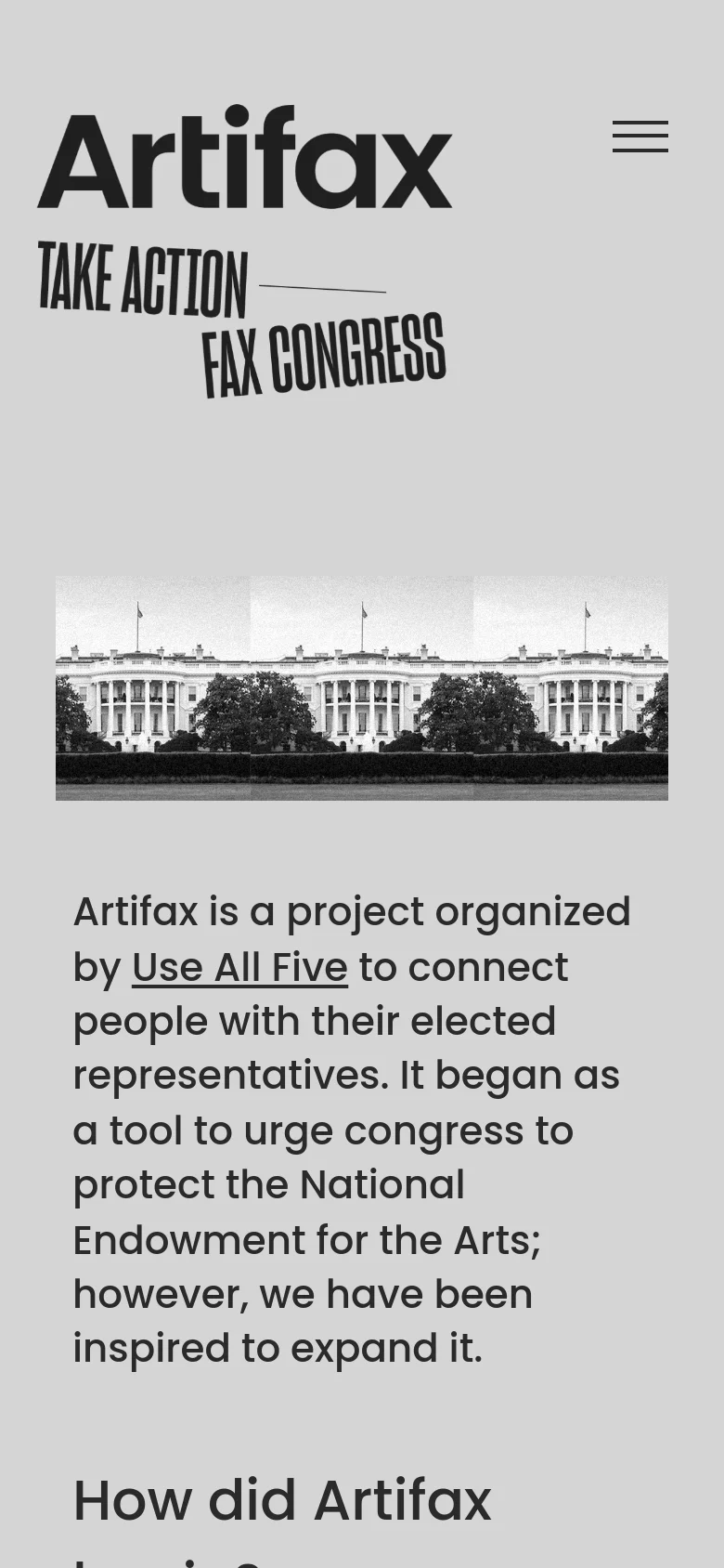 The mobile version uses a light gray background with the Artifax logo and 'TAKE ACTION — FAX CONGRESS' text at the top. Below the header, a wide, black-and-white panoramic photograph shows a building with columns, likely a government structure. A hamburger menu icon is located in the top right corner, and the main text content begins below the image.