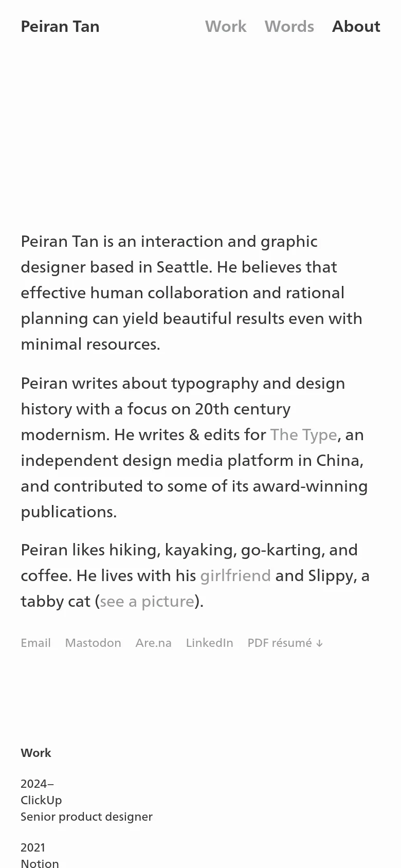 The mobile version presents a single-column, vertically stacked layout for easier scrolling. The navigation menu is condensed at the top, followed by the biographical text, social links, and the work and publication lists arranged in a continuous vertical flow.