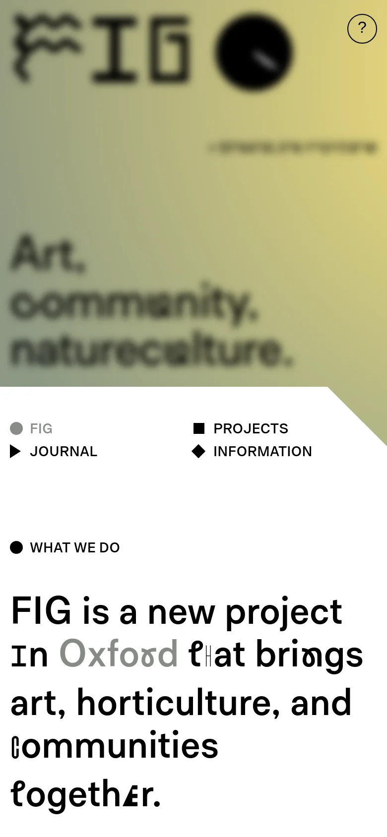 The mobile version simplifies the layout, showing a large, blurred header with the 'FIG' logo and a question mark icon. The navigation links are stacked vertically below the hero section, and the main headline 'FIG is a new project in Oxford...' is prominently displayed in large, bold black text against a white background.