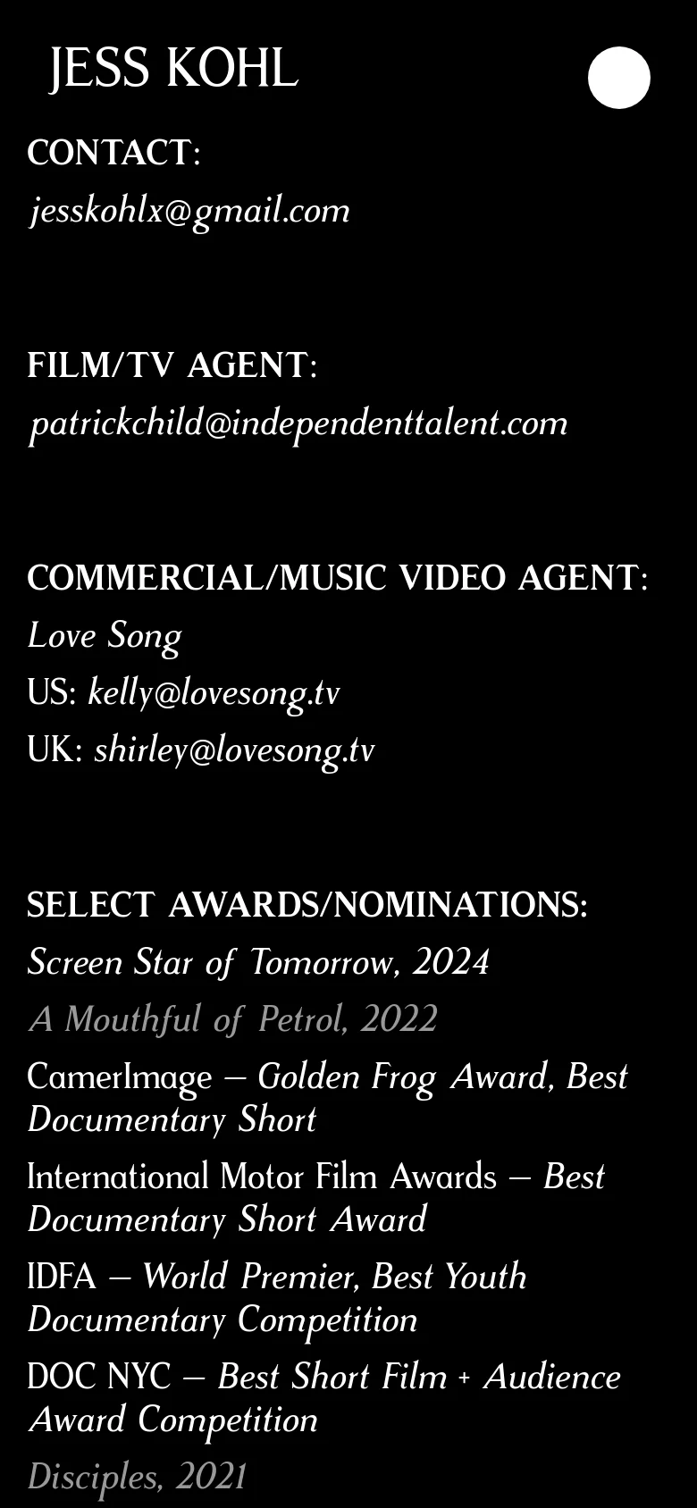The mobile version maintains the black background and white serif text but uses a simplified layout. The navigation menu is replaced by a circular white menu icon in the top right corner, and the contact and award information is stacked vertically for easier scrolling.
