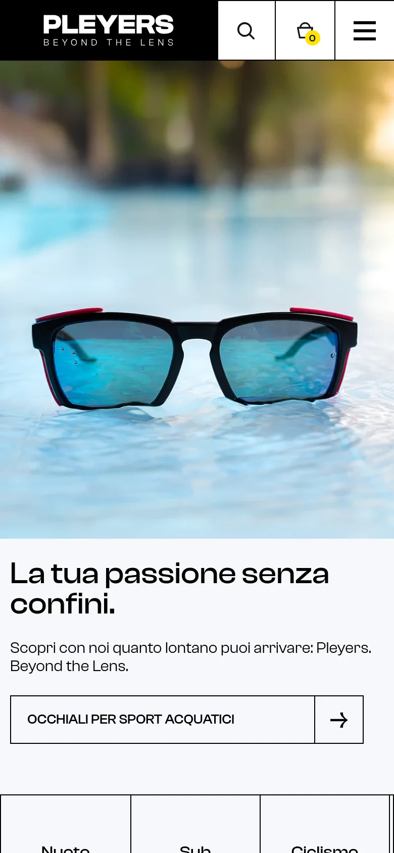 The mobile version displays a simplified black header with the Pleyers logo, a search icon, a shopping cart icon, and a hamburger menu. The hero section features the same large image of blue-tinted sunglasses on water, with the headline and call-to-action button stacked vertically below the image.