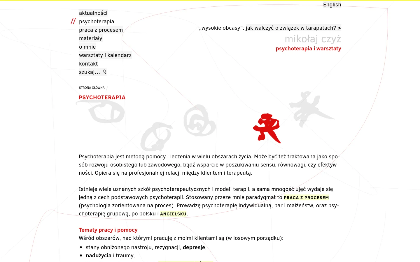 The desktop page features a clean, minimalist layout with a white background and red accents. A large headline reads 'Psychoterapia' above an abstract graphic of red and grey flowing lines and stylized figures. The main content area contains text explaining psychotherapy and process-oriented work, with a navigation menu on the left side.