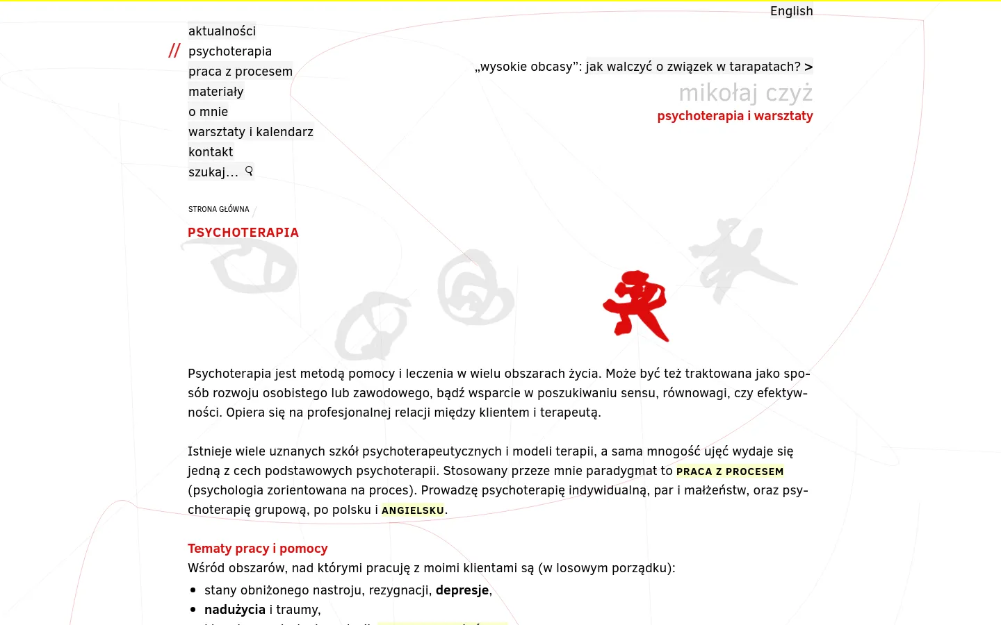 The desktop page features a clean, minimalist layout with a white background and red accents. A large headline reads 'Psychoterapia' above an abstract graphic of red and grey flowing lines and stylized figures. The main content area contains text explaining psychotherapy and process-oriented work, with a navigation menu on the left side.