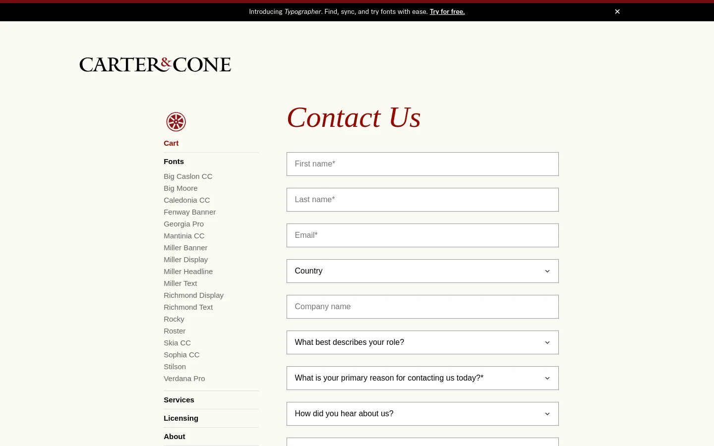 The desktop contact page features a minimalist cream background with the Carter & Cone logo at the top left. A large red serif headline reads 'Contact Us' next to a multi-field contact form including name, email, company, and dropdown menus for role and reason for contact. A vertical navigation menu is positioned on the left side of the page.